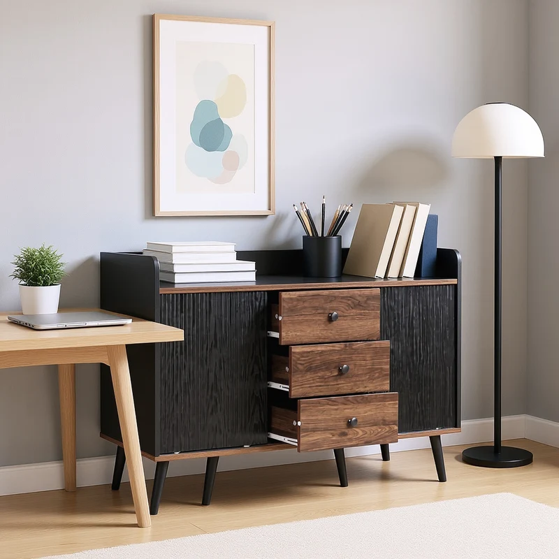 Buffet moderne noir et bois avec 3 tiroirs et portes coulissantes striées