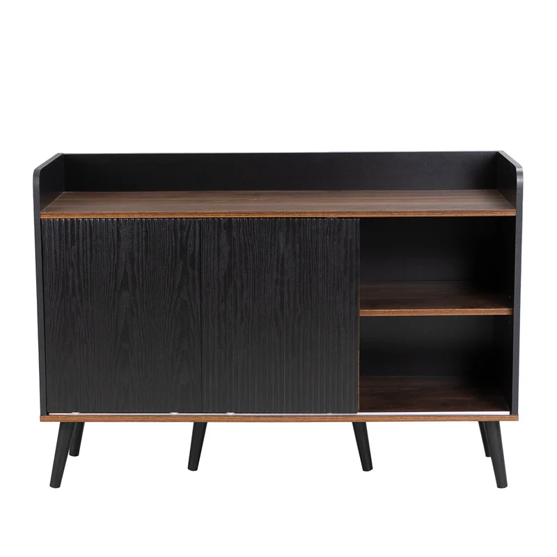 Buffet moderne noir et bois avec 3 tiroirs et portes coulissantes striées