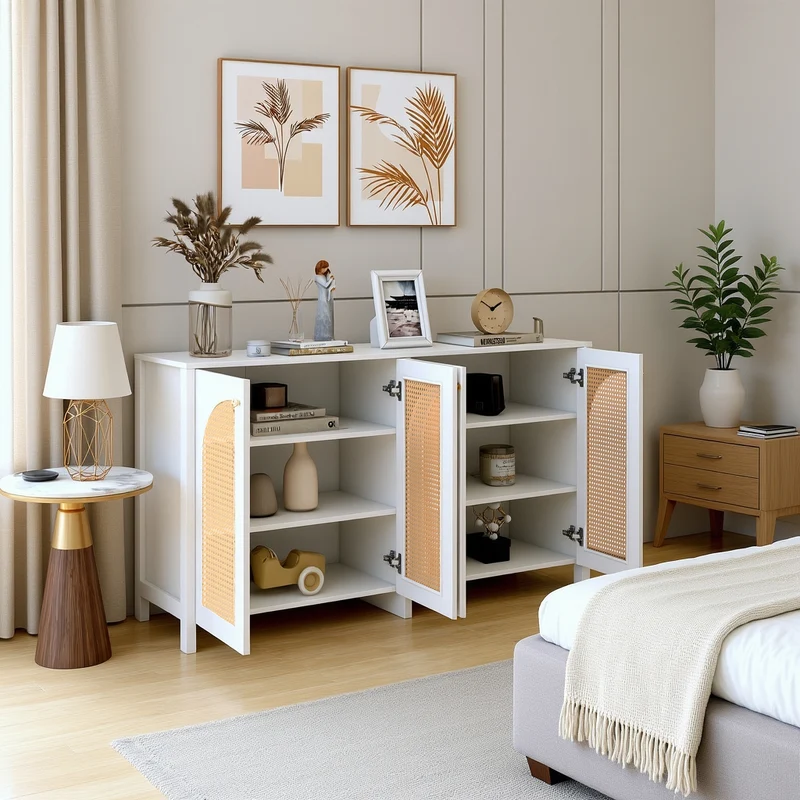 Buffet moderne blanc en MDF avec 4 portes en rotin PE et poignées en métal