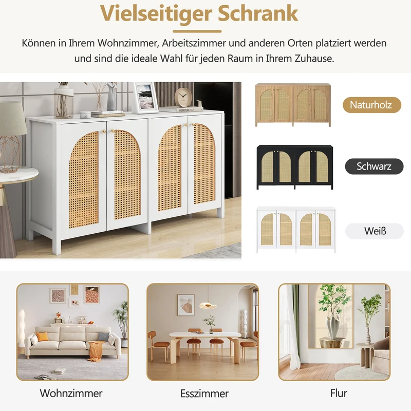 Buffet moderne blanc en MDF avec 4 portes en rotin PE et poignées en métal