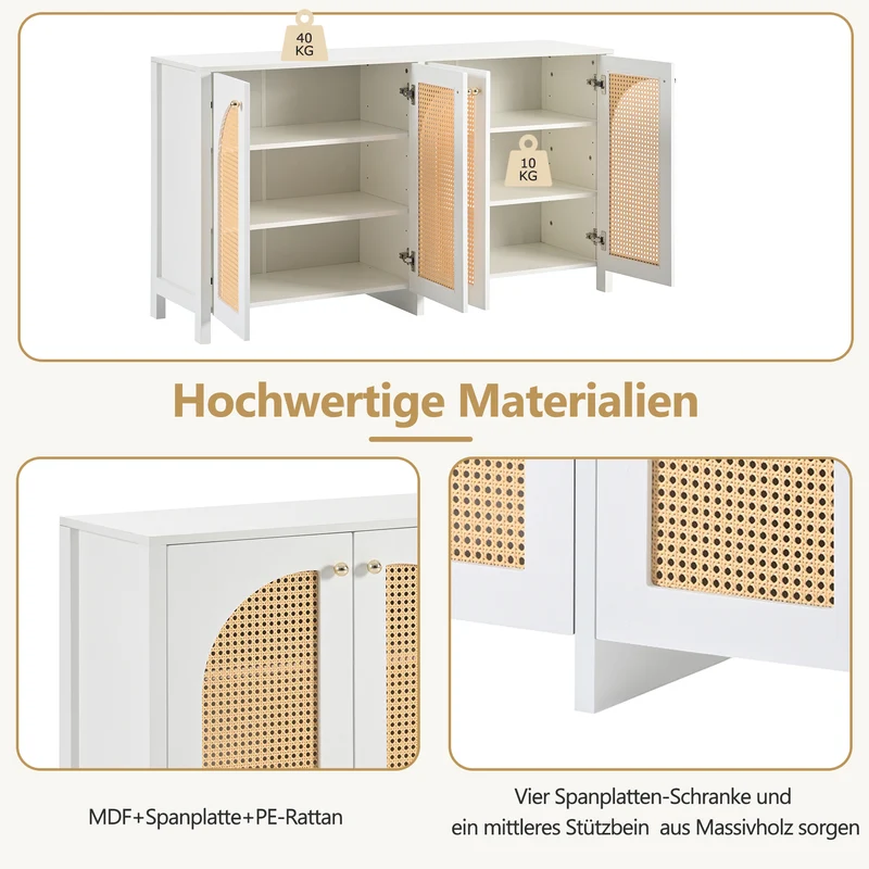 Buffet moderne blanc en MDF avec 4 portes en rotin PE et poignées en métal
