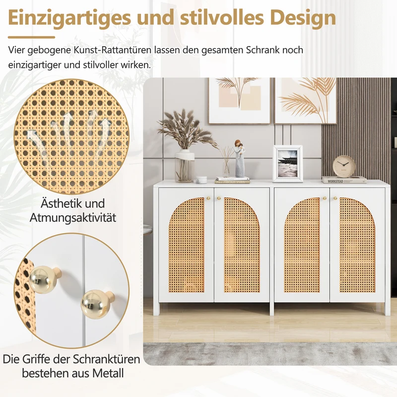 Buffet moderne blanc en MDF avec 4 portes en rotin PE et poignées en métal