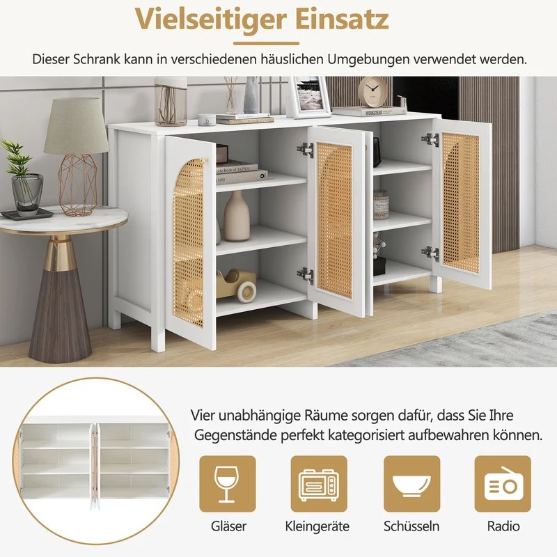 Buffet moderne blanc en MDF avec 4 portes en rotin PE et poignées en métal