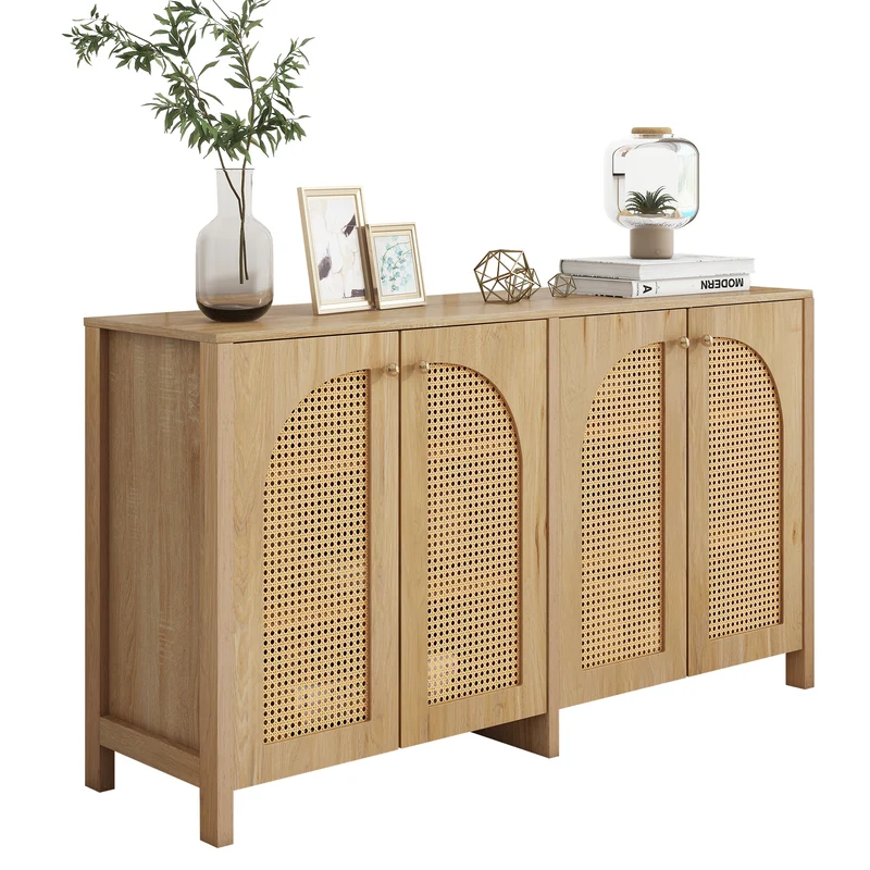 Buffet moderne minimaliste en bois naturel avec 4 portes en cannage et poignées en métal
