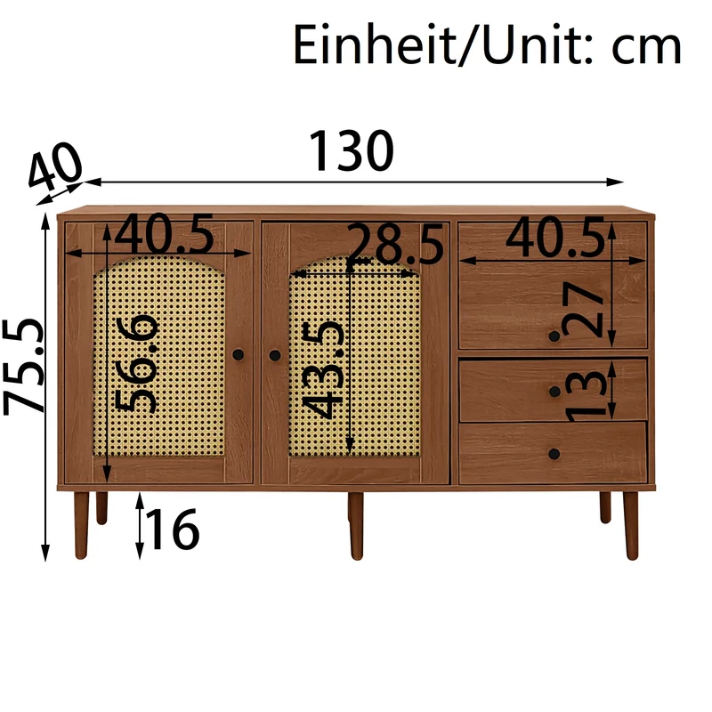 Buffet en bois style campagne avec portes en cannage, étagères réglables et tiroirs 130 × 75,5 × 40 cm