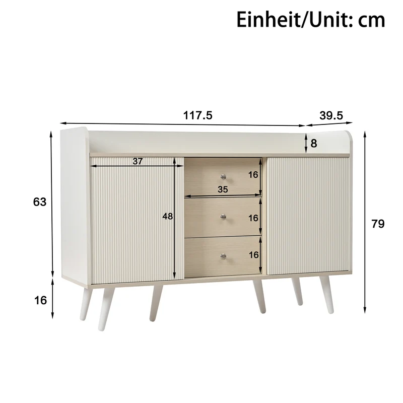 Buffet moderne blanc et bois avec 3 tiroirs et portes coulissantes à lattes