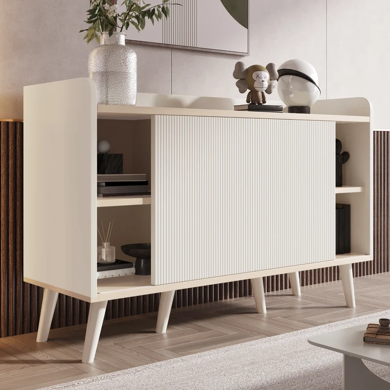 Buffet moderne blanc et bois avec 3 tiroirs et portes coulissantes à lattes