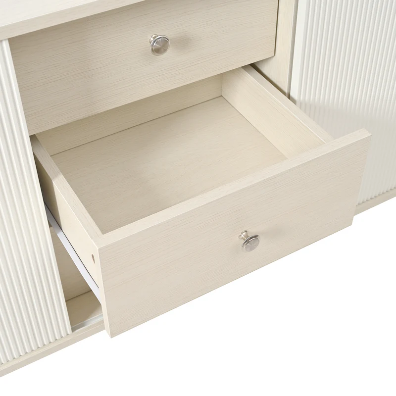 Buffet moderne blanc et bois avec 3 tiroirs et portes coulissantes à lattes