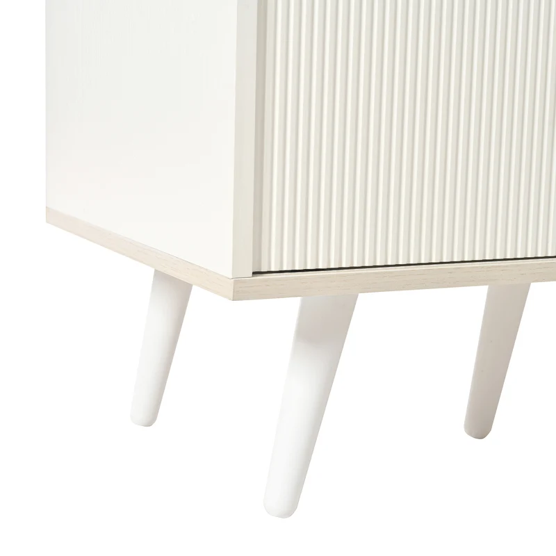 Buffet moderne blanc et bois avec 3 tiroirs et portes coulissantes à lattes