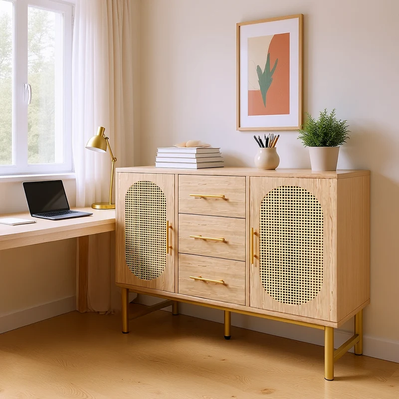 Buffet en cannage en chêne avec 3 tiroirs, 2 portes, étagères réglables et dispositif anti-basculement â€?120×40×74 cm