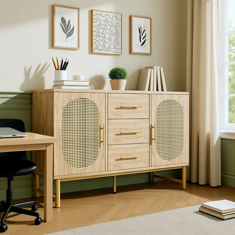 Buffet en cannage en chêne avec 3 tiroirs, 2 portes, étagères réglables et dispositif anti-basculement â€?120×40×74 cm