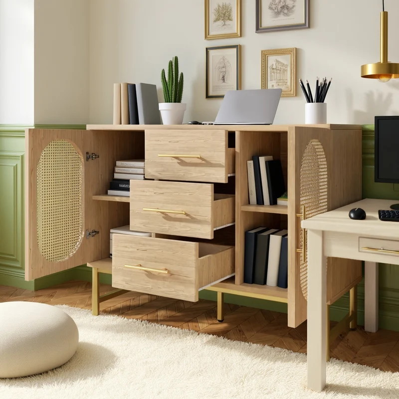Buffet en cannage en chêne avec 3 tiroirs, 2 portes, étagères réglables et dispositif anti-basculement â€?120×40×74 cm