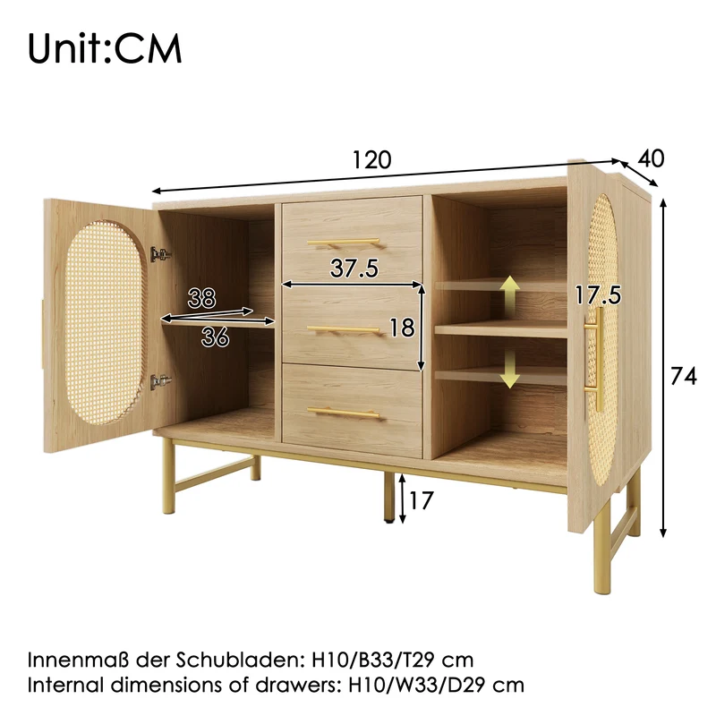 Buffet en cannage en chêne avec 3 tiroirs, 2 portes, étagères réglables et dispositif anti-basculement â€?120×40×74 cm