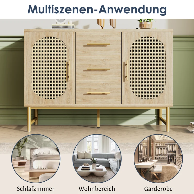 Buffet en cannage en chêne avec 3 tiroirs, 2 portes, étagères réglables et dispositif anti-basculement â€?120×40×74 cm