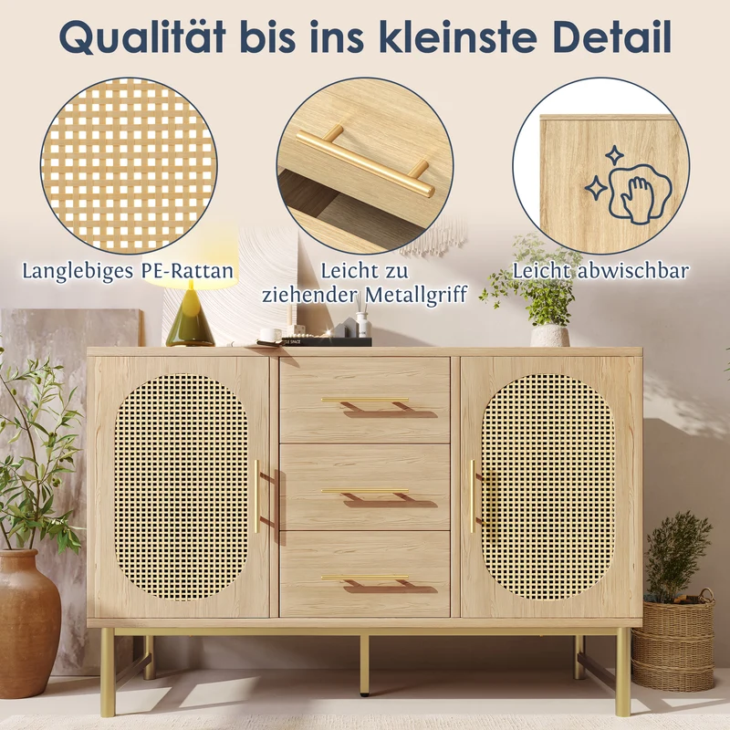 Buffet en cannage en chêne avec 3 tiroirs, 2 portes, étagères réglables et dispositif anti-basculement â€?120×40×74 cm