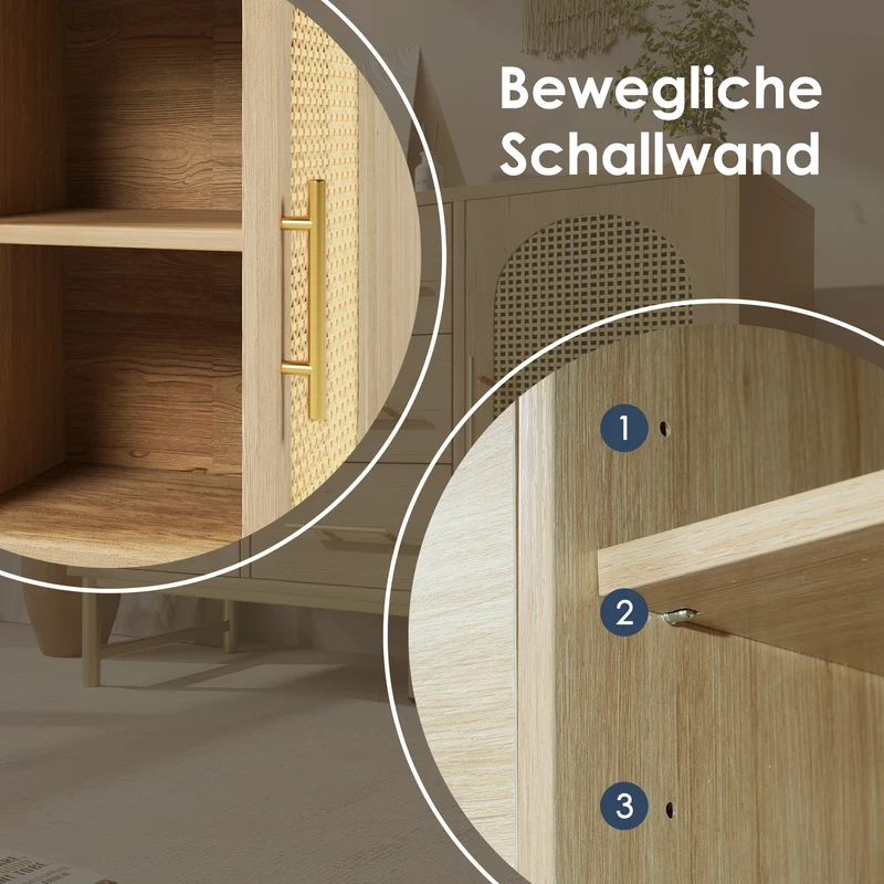 Buffet en cannage en chêne avec 3 tiroirs, 2 portes, étagères réglables et dispositif anti-basculement â€?120×40×74 cm