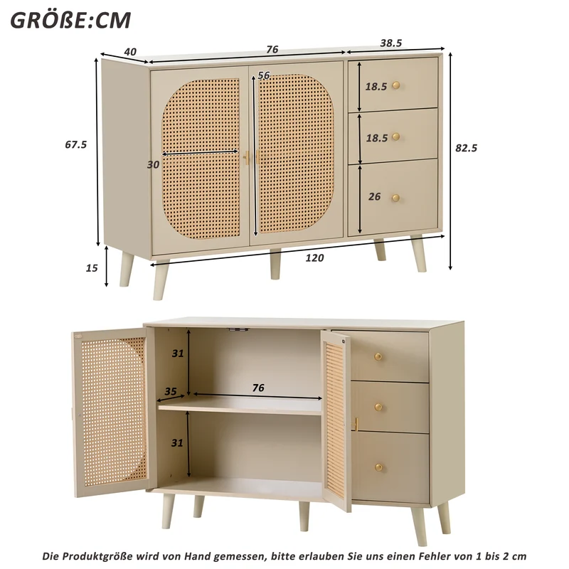 Buffet de salon et salle à manger en blanc cassé avec portes en rotin et 3 tiroirs, meuble de rangement moderne 120 cm de large