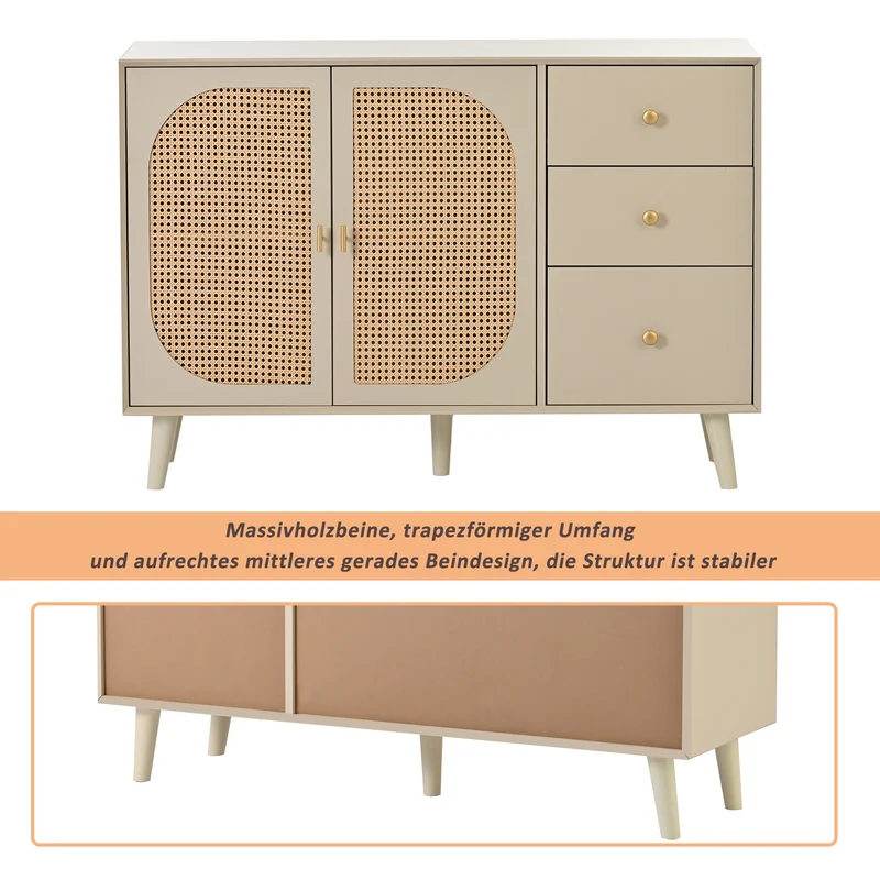Buffet de salon et salle à manger en blanc cassé avec portes en rotin et 3 tiroirs, meuble de rangement moderne 120 cm de large