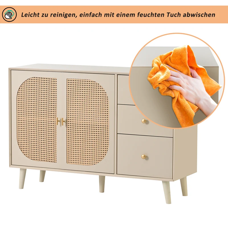 Buffet de salon et salle à manger en blanc cassé avec portes en rotin et 3 tiroirs, meuble de rangement moderne 120 cm de large