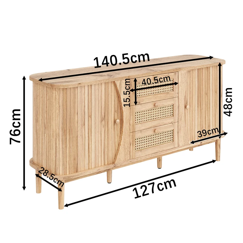 Buffet en bois avec portes coulissantes en cannage, 3 tiroirs et étagères réglables, plateau arrondi