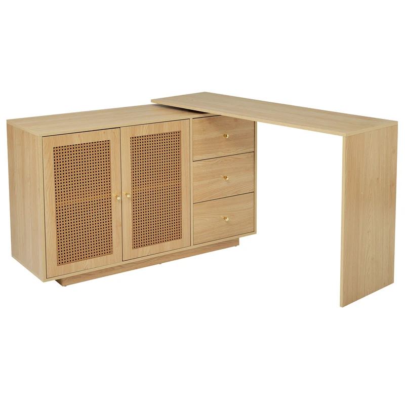 Bureau d'angle en L avec portes en cannage, table pivotante et espace de rangement