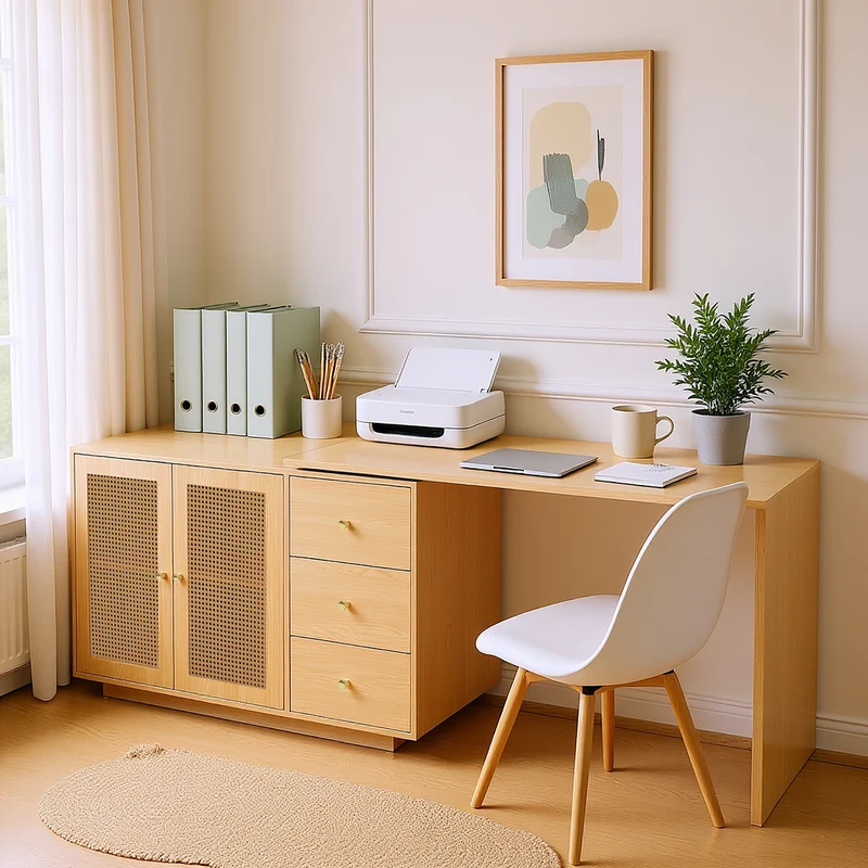 Bureau d'angle en L avec portes en cannage, table pivotante et espace de rangement