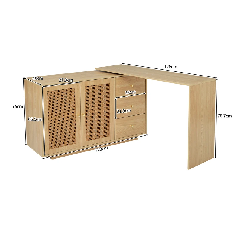 Bureau d'angle en L avec portes en cannage, table pivotante et espace de rangement
