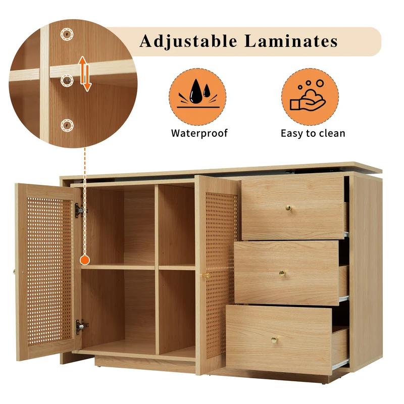 Bureau d'angle en L avec portes en cannage, table pivotante et espace de rangement