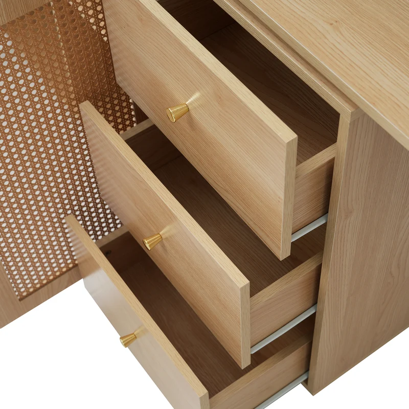 Bureau d'angle en L avec portes en cannage, table pivotante et espace de rangement