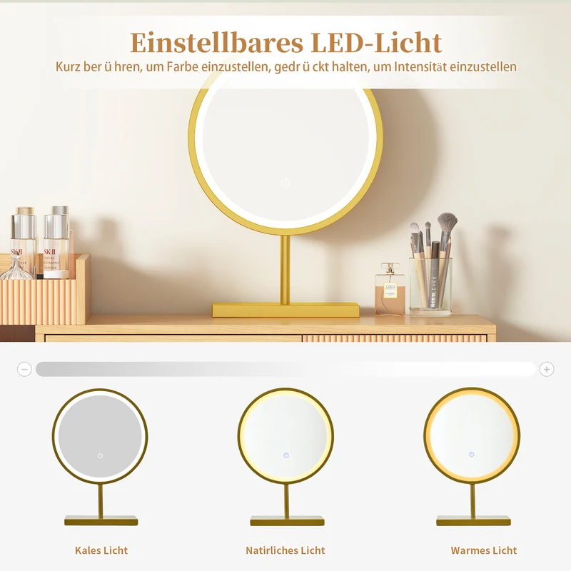 Coiffeuse moderne avec miroir LED à 3 lumières, grand espace de rangement et armoire latérale en verre, 120x40x90 cm