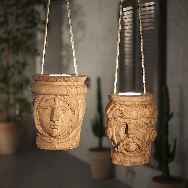 LED Suspension Lamp LA BEDDA & LU TURCU Olive Wood Sculpture by Paolo Gagliardi for Zag Design