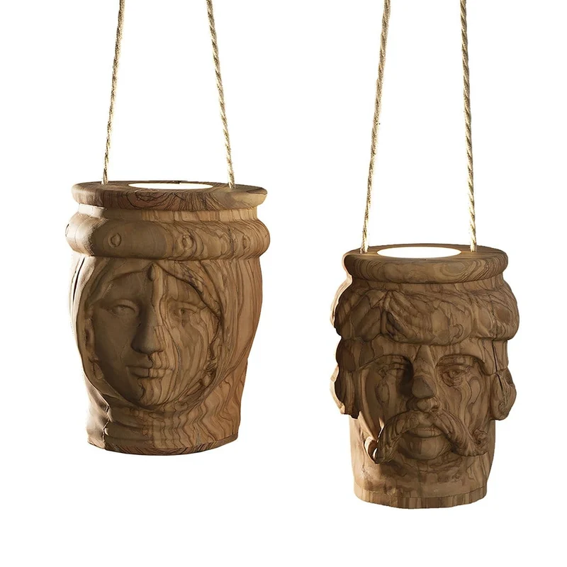 LED Suspension Lamp LA BEDDA & LU TURCU Olive Wood Sculpture by Paolo Gagliardi for Zag Design