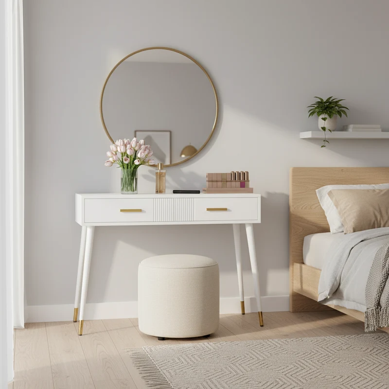 Coiffeuse ou bureau blanc au design moderne avec 2 tiroirs spacieux et pieds en métal doré, 100x40x76 cm.