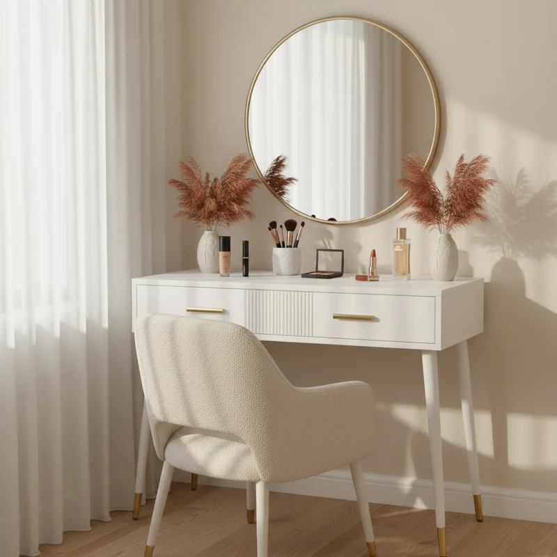 Coiffeuse ou bureau blanc au design moderne avec 2 tiroirs spacieux et pieds en métal doré, 100x40x76 cm.