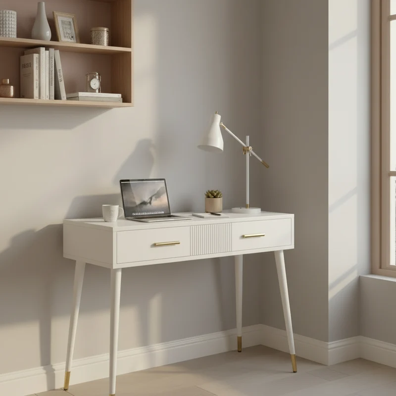 Coiffeuse ou bureau blanc au design moderne avec 2 tiroirs spacieux et pieds en métal doré, 100x40x76 cm.