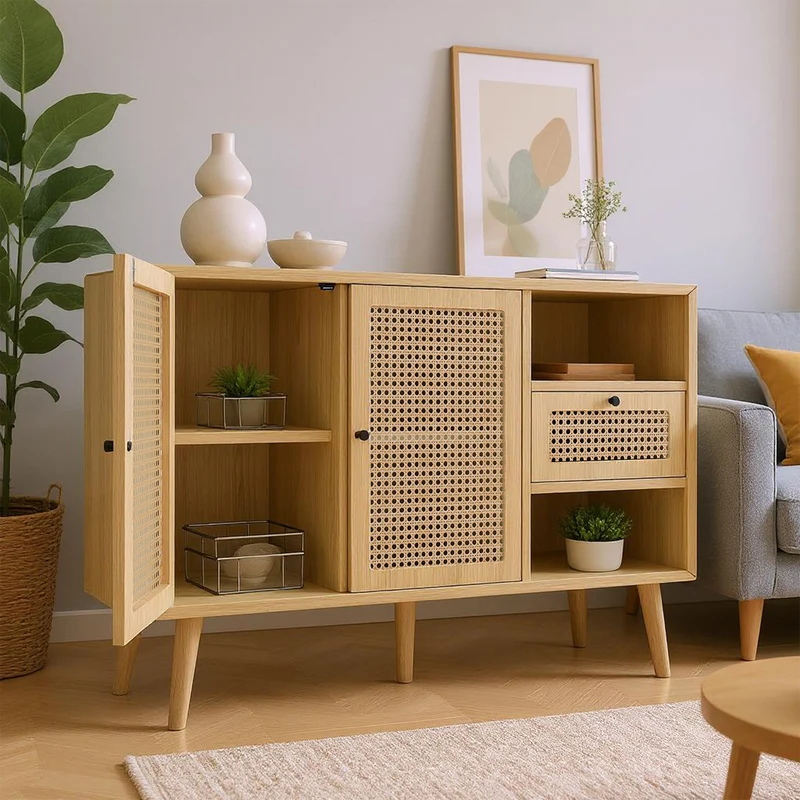 Buffet en bois finition chêne avec 1 tiroir et 2 portes magnétiques en rotin, étagères réglables et pieds en bois massif pour un rangement élégant et pratique. â€?120x40x80 cm