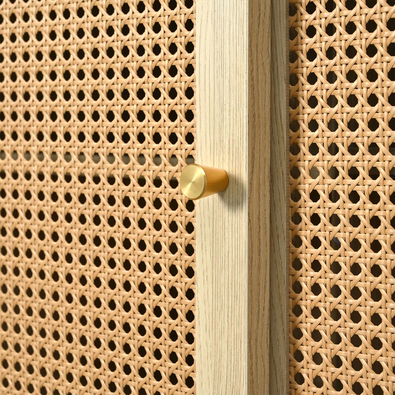Buffet rétro en bois chêne avec 3 tiroirs, 3 portes coulissantes en rotin et étagères réglables â€?120x40x78 cm