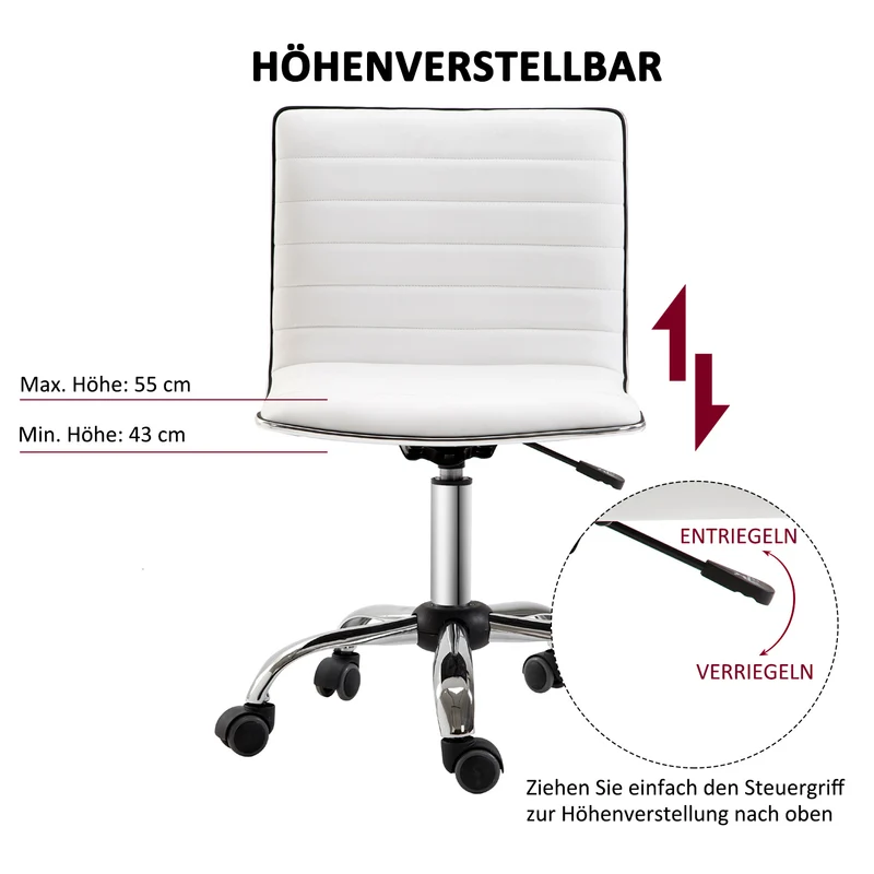 Chaise de bureau sans accoudoirs en cuir blanc réglable en hauteur - 78 à 90 cm