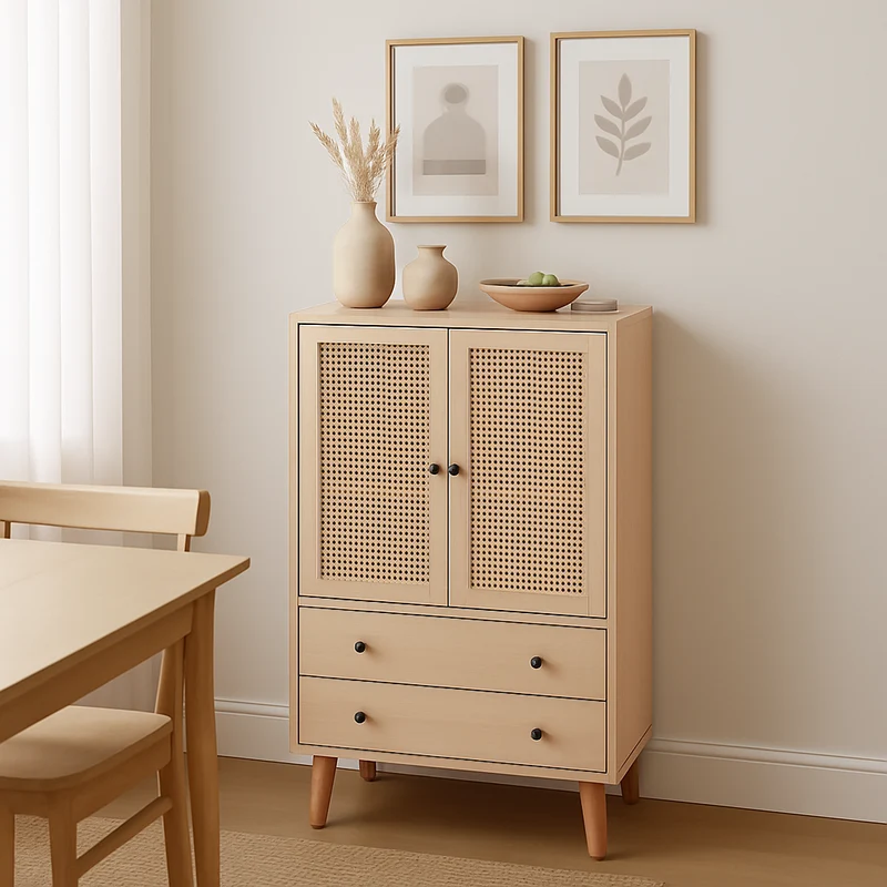 Buffet haut en bois style moderne avec portes en rotin et tiroirs â€?60 x 40 x 120 cm