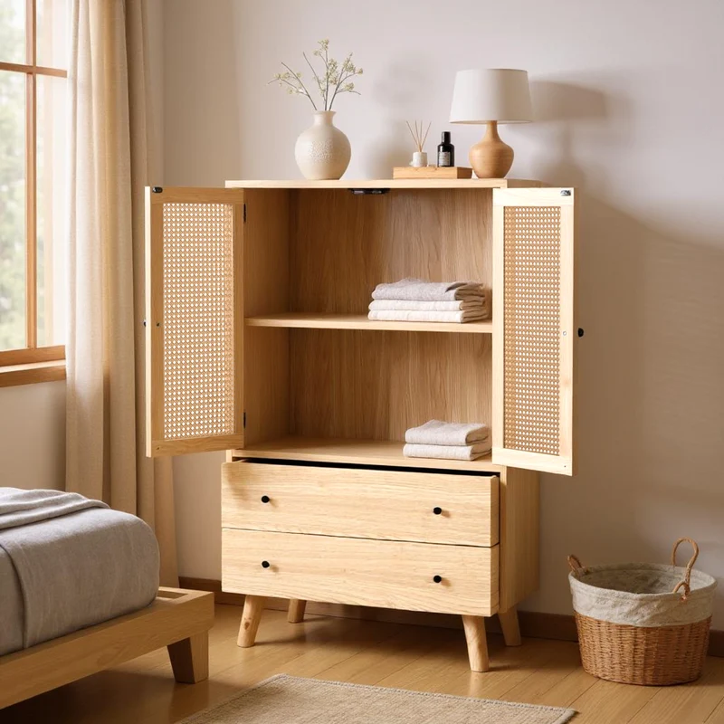 Buffet haut en bois style moderne avec portes en rotin et tiroirs â€?60 x 40 x 120 cm