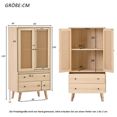 Buffet haut en bois style moderne avec portes en rotin et tiroirs â€?60 x 40 x 120 cm