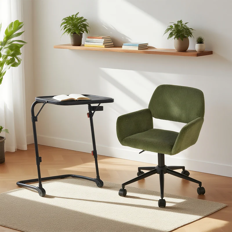 Ensemble avec table d’appoint noire pliable et fauteuil de bureau en velours côtelé vert olive - BASELINE & ROSS