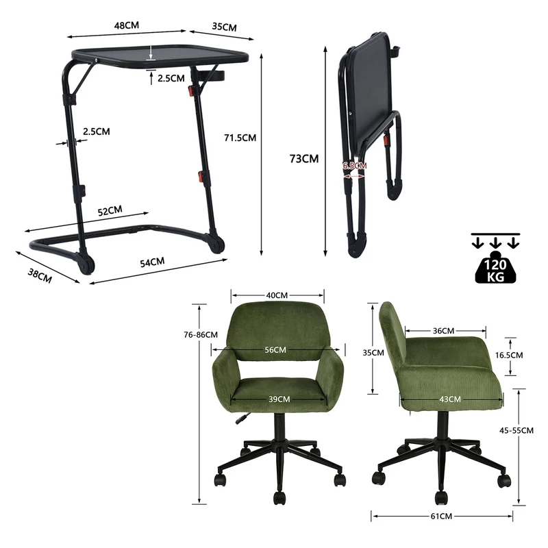 Ensemble avec table d’appoint noire pliable et fauteuil de bureau en velours côtelé vert olive - BASELINE & ROSS