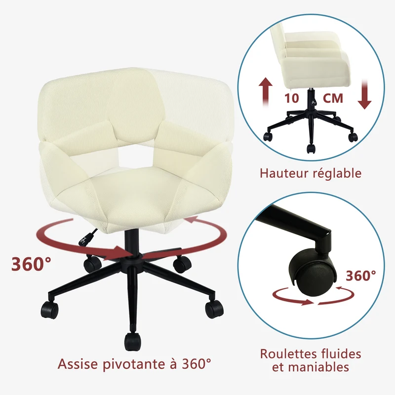 Ensemble avec table d’appoint noire pliable et fauteuil de bureau en velours côtelé beige - BASELINE & ROSS