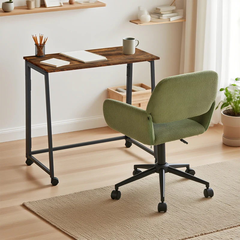Ensemble avec bureau pliable industriel à roulettes et fauteuil en velours côtelé vert olive - ASCOLI & ROSS