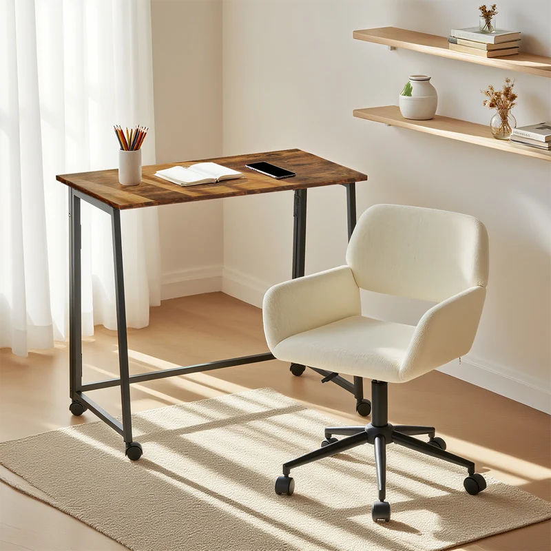 Ensemble avec bureau pliable industriel à roulettes et fauteuil en velours côtelé beige - ASCOLI & ROSS
