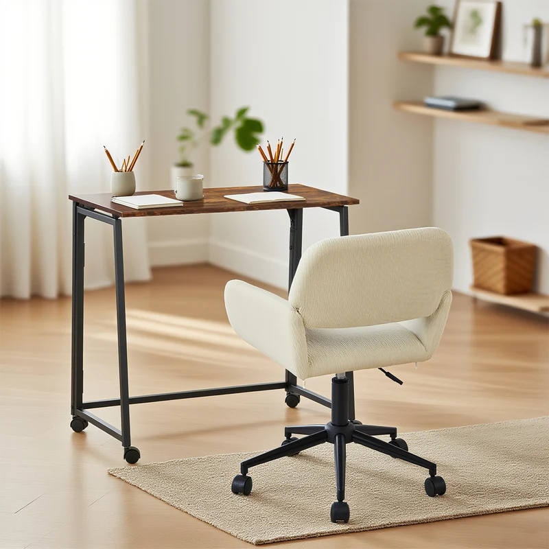Ensemble avec bureau pliable industriel à roulettes et fauteuil en velours côtelé beige - ASCOLI & ROSS