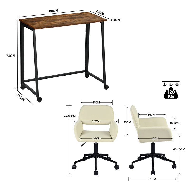 Ensemble avec bureau pliable industriel à roulettes et fauteuil en velours côtelé beige - ASCOLI & ROSS