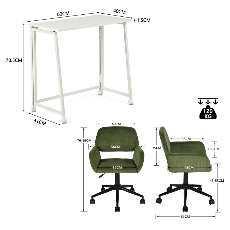 Ensemble avec bureau pliable blanc à roulettes et fauteuil en velours côtelé vert olive - ASCOLI & ROSS