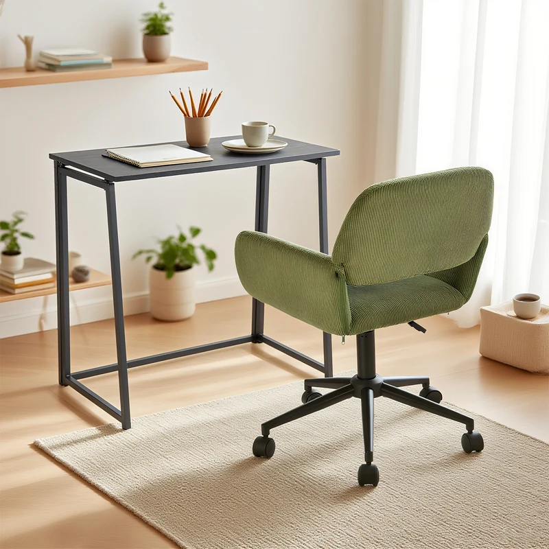 Ensemble bureau pliable en métal noir et fauteuil de bureau en velours côtelé vert olive - ASCOLI & ROSS